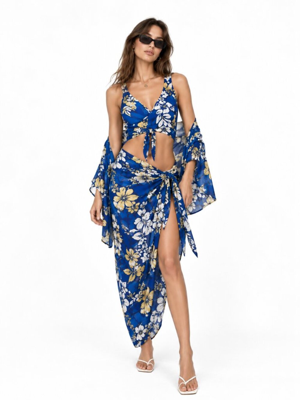 Hawaiian 3 Piece Set Pants Bra Top‎ Floral Wrap Blue White Size 12 Vintage